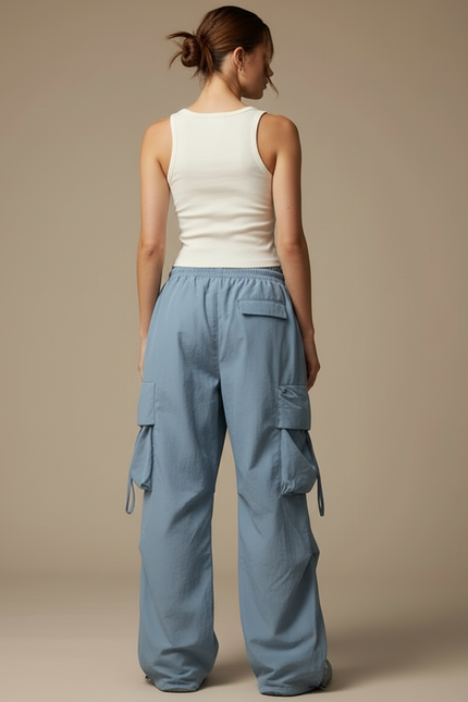 Pantalon Cargo Bleu Ample Streetwear Multipoches Femme - Polyester - vue 2