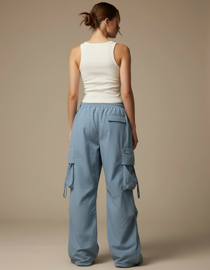 Pantalon Cargo Bleu Ample Streetwear Multipoches Femme - Polyester - vue 2
