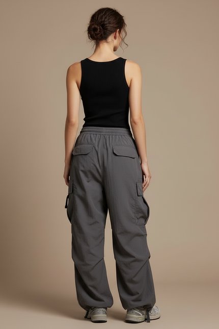 Pantalon Cargo Gris Ample Décontracté Poches Femme - Polyester - vue 2