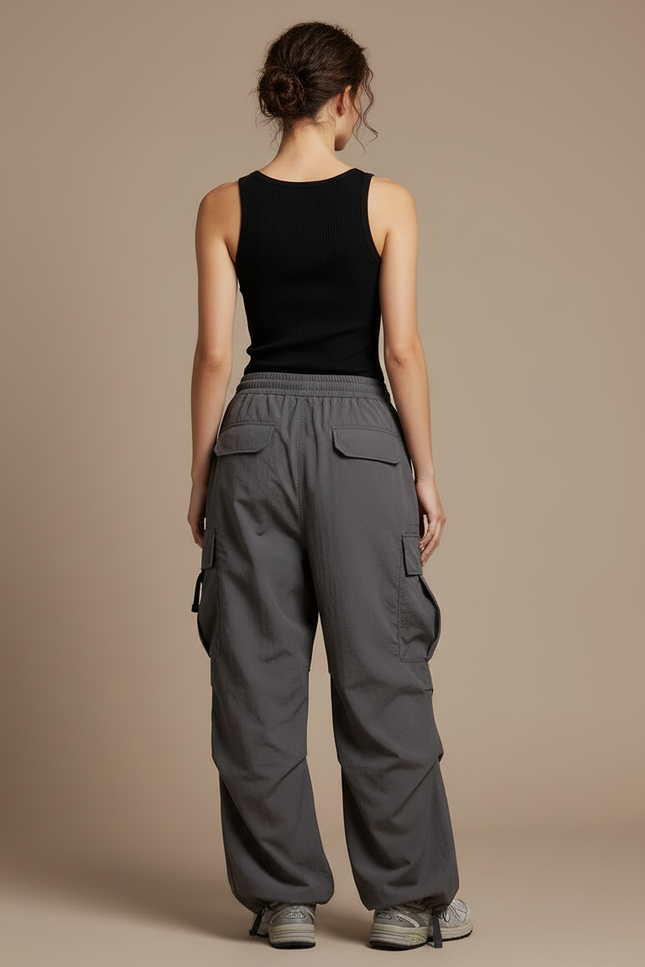 Pantalon Cargo Gris Ample Décontracté Poches Femme - Polyester - vue 2