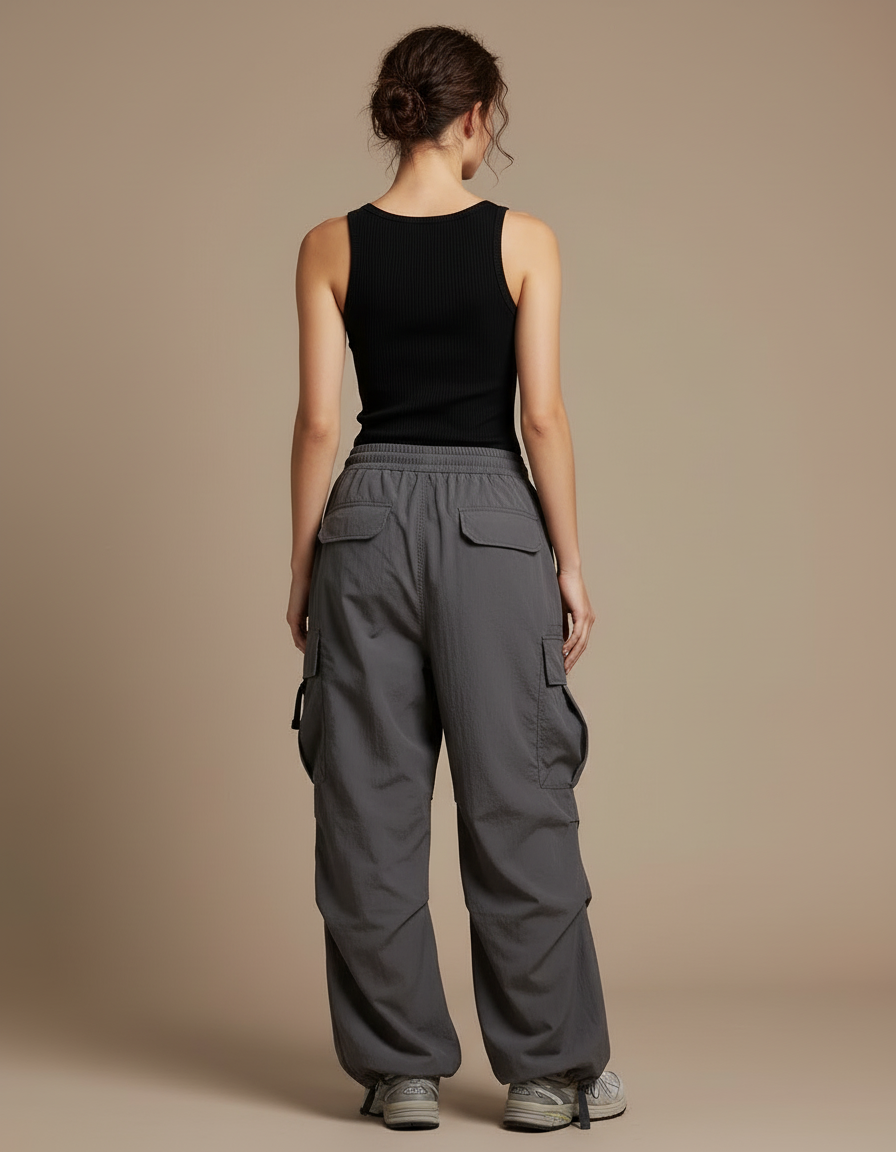 Pantalon Cargo Gris Ample Décontracté Poches Femme - Polyester - vue 2