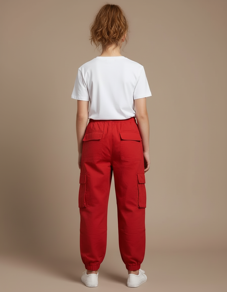 Pantalon Cargo Rouge Ample Multi-Poches Enfant Fille - Toile - vue 2