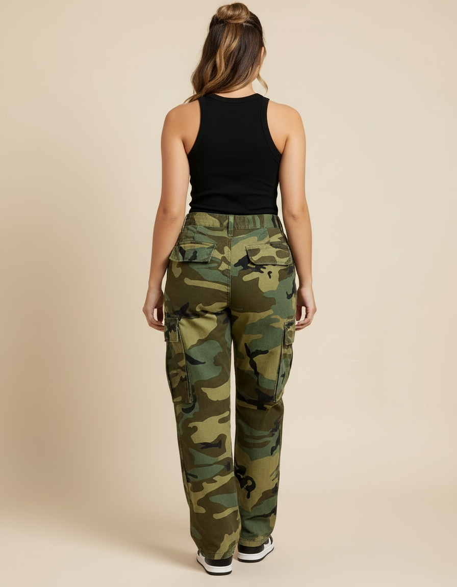 Pantalon Cargo Camouflage Militaire Vert Ample Décontracté - Toile - vue 2
