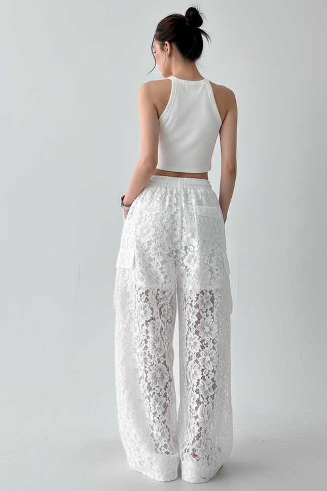 Pantalon Cargo Blanc Ample Dentelle Évasé Transparent - Maille - vue 2