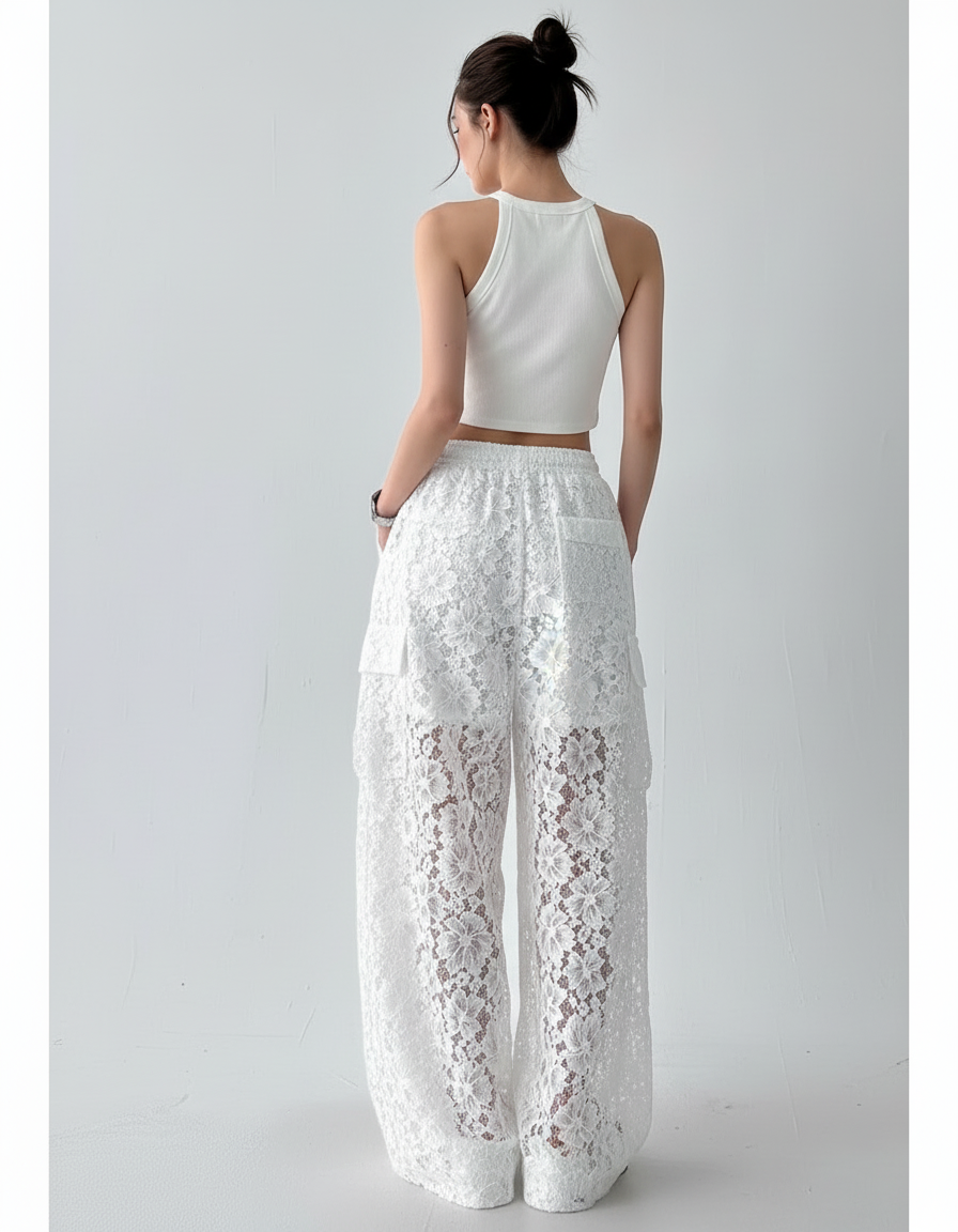 Pantalon Cargo Blanc Ample Dentelle Évasé Transparent - Maille - vue 2