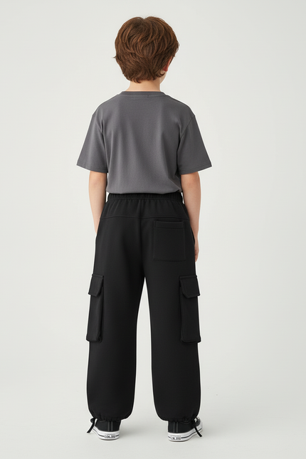 Pantalon Cargo Noir Ample Décontracté Molletonné Enfant - vue 2