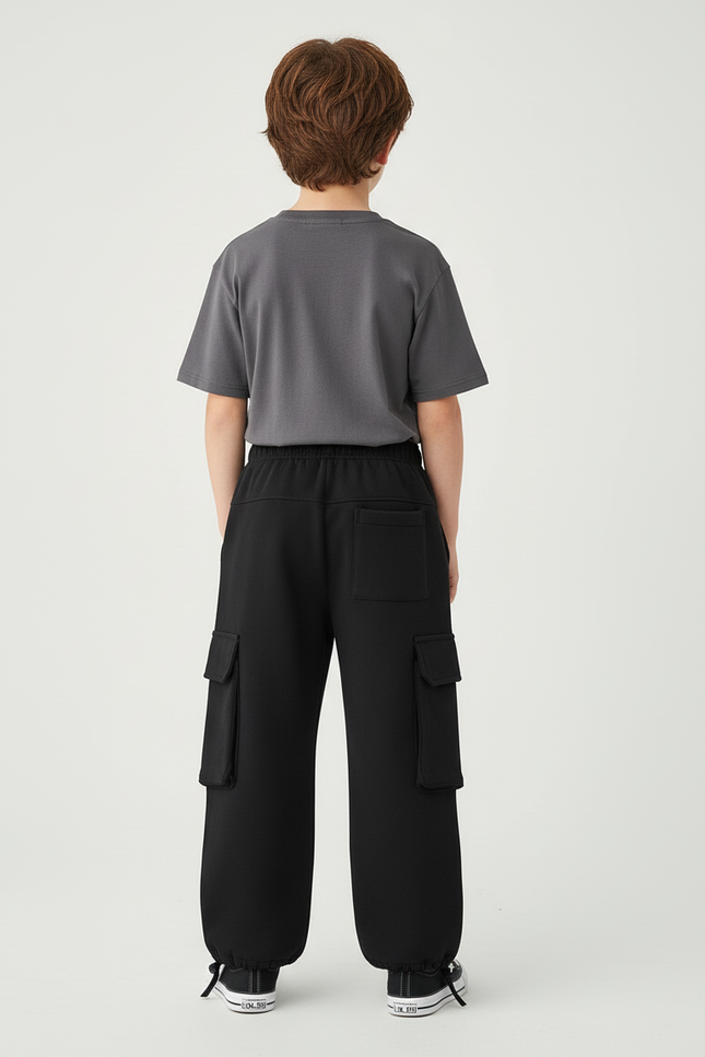 Pantalon Cargo Noir Ample Décontracté Molletonné Enfant - vue 2