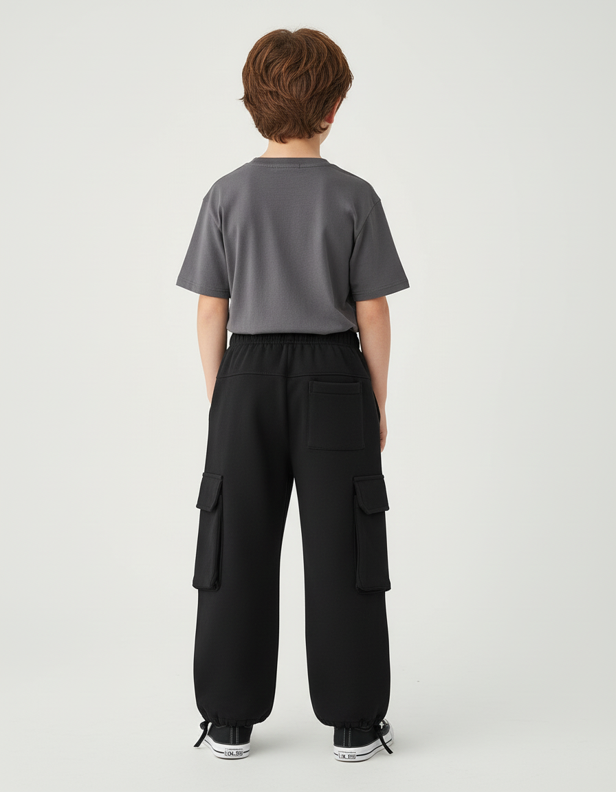 Pantalon Cargo Noir Ample Décontracté Molletonné Enfant - vue 2