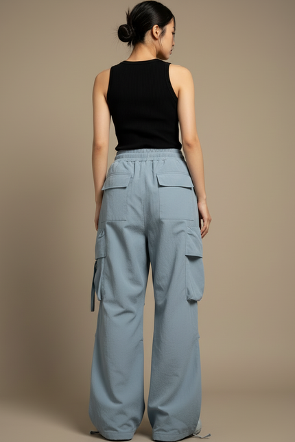 Pantalon Cargo Ample Bleu Clair Taille Haute Femme - Polyester - vue 2