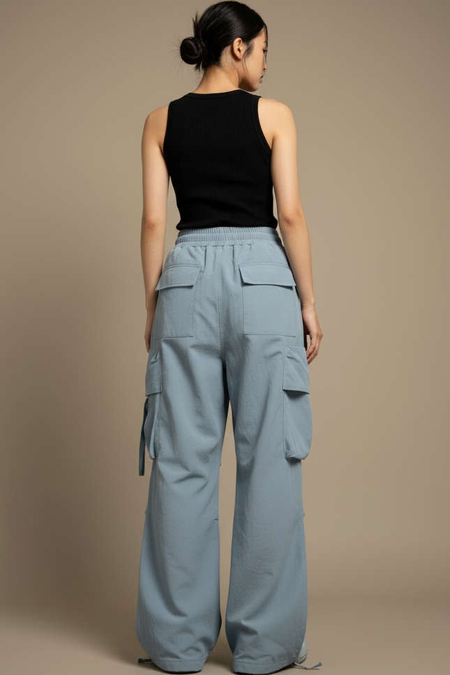 Pantalon Cargo Ample Bleu Clair Taille Haute Femme - Polyester - vue 2