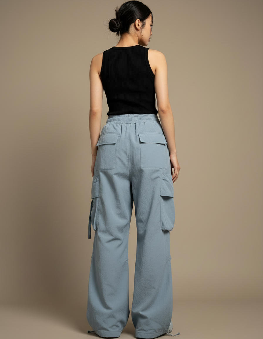 Pantalon Cargo Ample Bleu Clair Taille Haute Femme - Polyester - vue 2