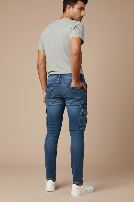 Pantalon Cargo Jean Bleu Slim Multipoches Homme - vue 2