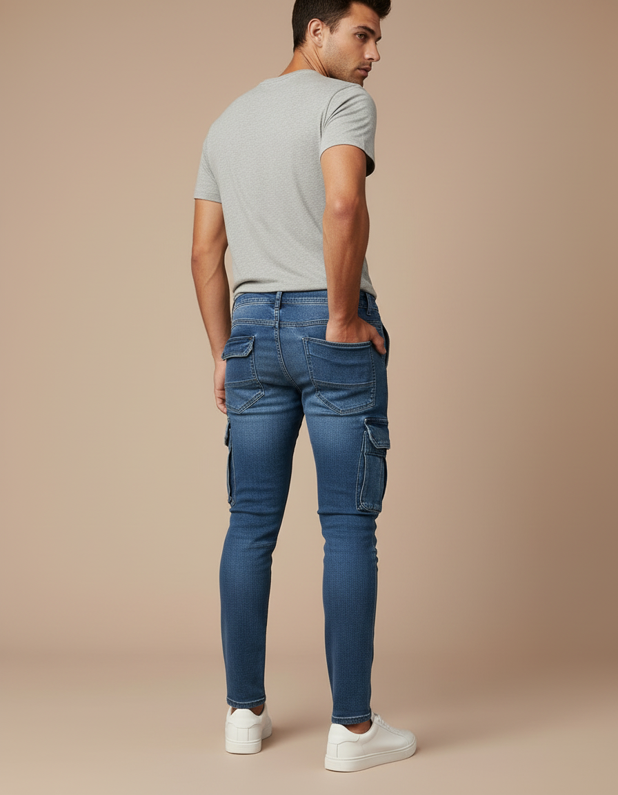 Pantalon Cargo Jean Bleu Slim Multipoches Homme - vue 2