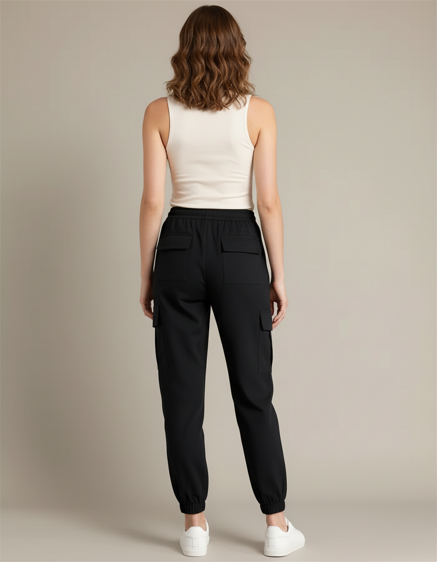Pantalon Cargo Noir Ample Multipoches Femme - Polyester - vue 2