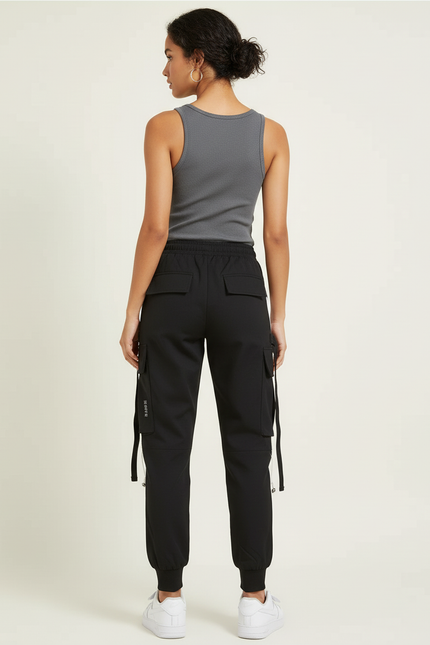 Pantalon Cargo Noir Blanc Ample Streetwear Femme - Polyester - vue 2
