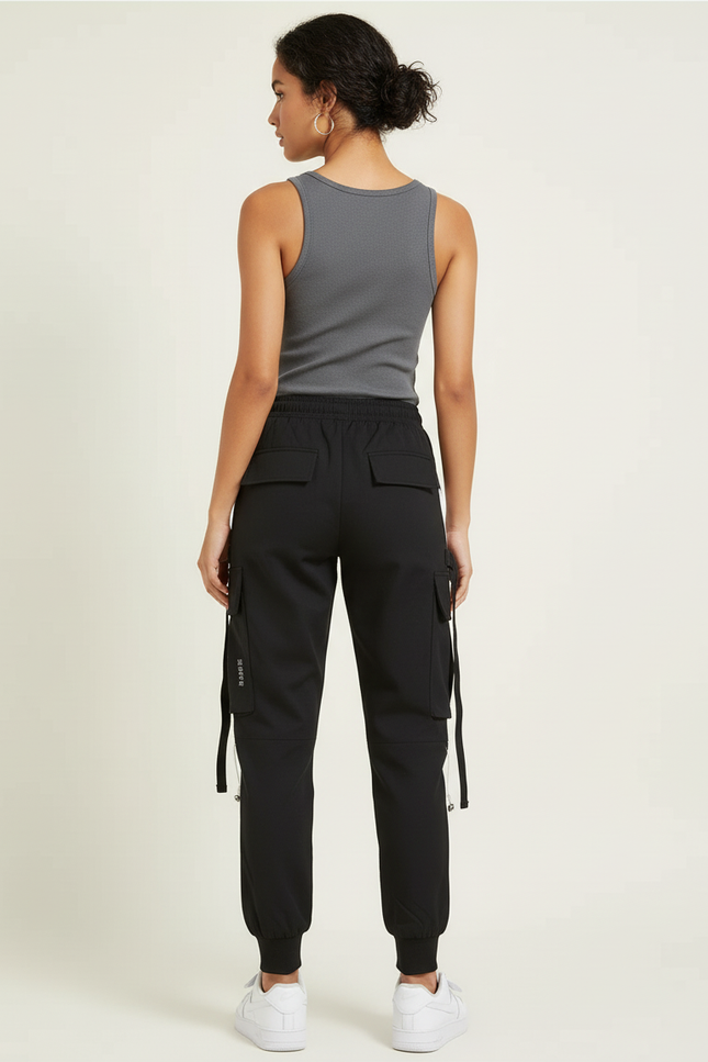 Pantalon Cargo Noir Blanc Ample Streetwear Femme - Polyester - vue 2