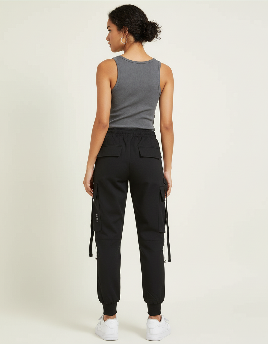 Pantalon Cargo Noir Blanc Ample Streetwear Femme - Polyester - vue 2