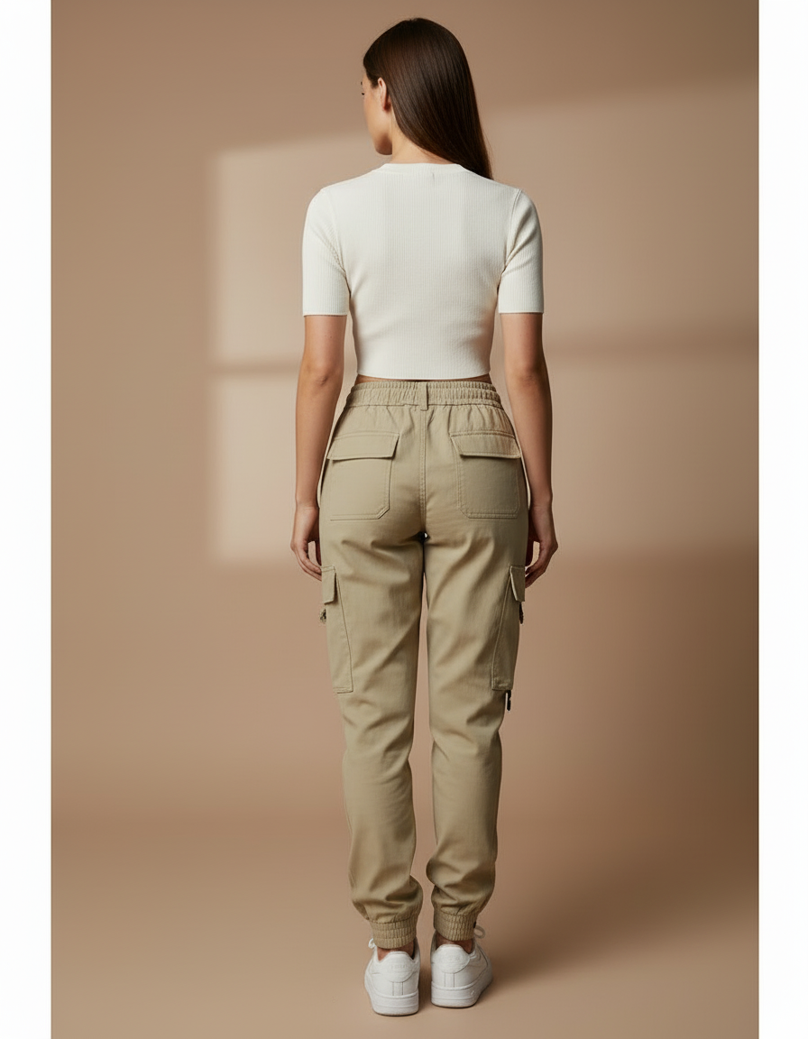 Pantalon Cargo Beige Décontracté Ample Multipoches Femme - Gabardine - vue 2