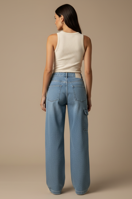 Pantalon Cargo Jean Large Bleu Multipoches Femme - vue 2