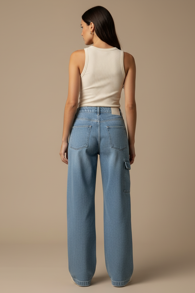 Pantalon Cargo Jean Large Bleu Multipoches Femme - vue 2