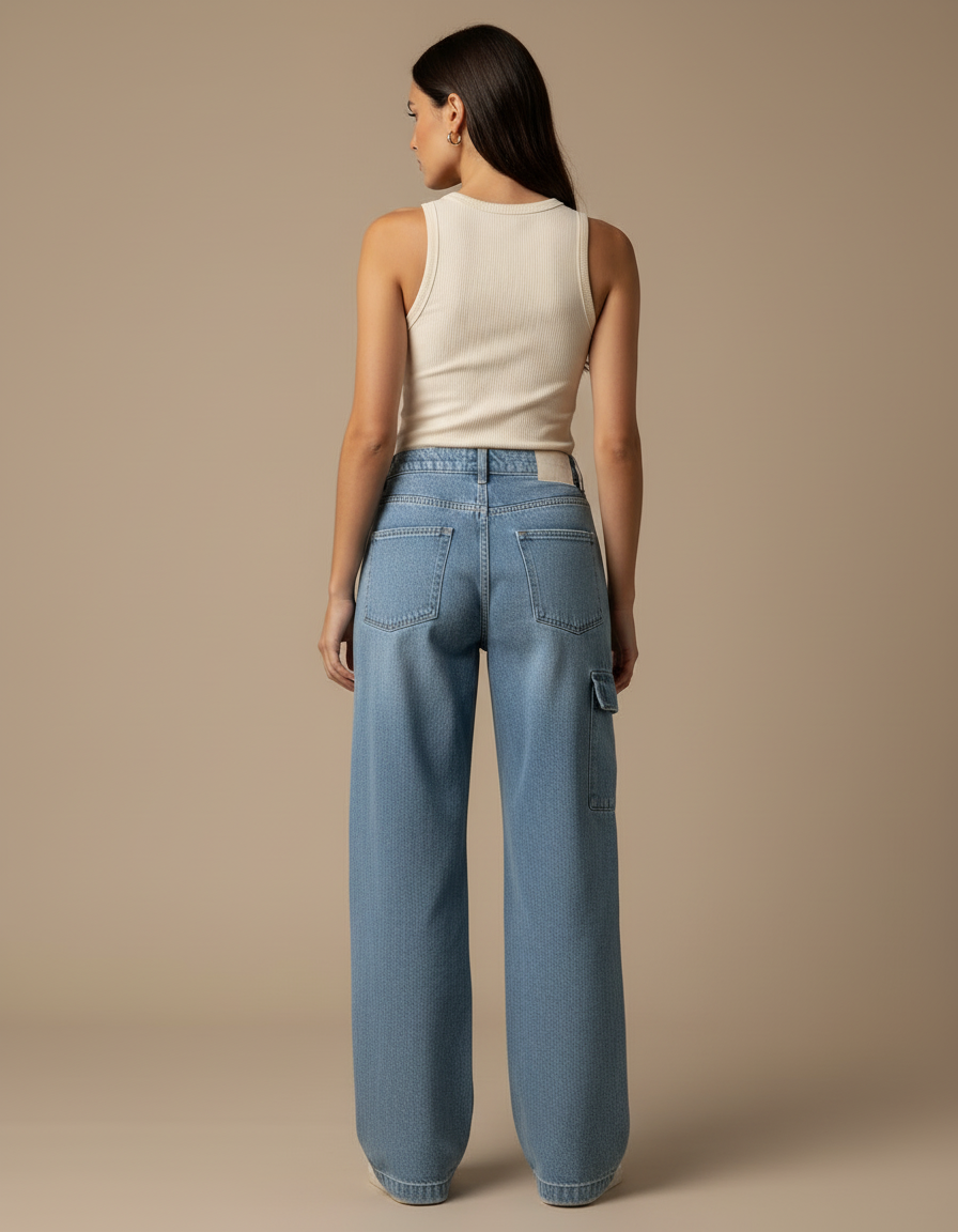 Pantalon Cargo Jean Large Bleu Multipoches Femme - vue 2