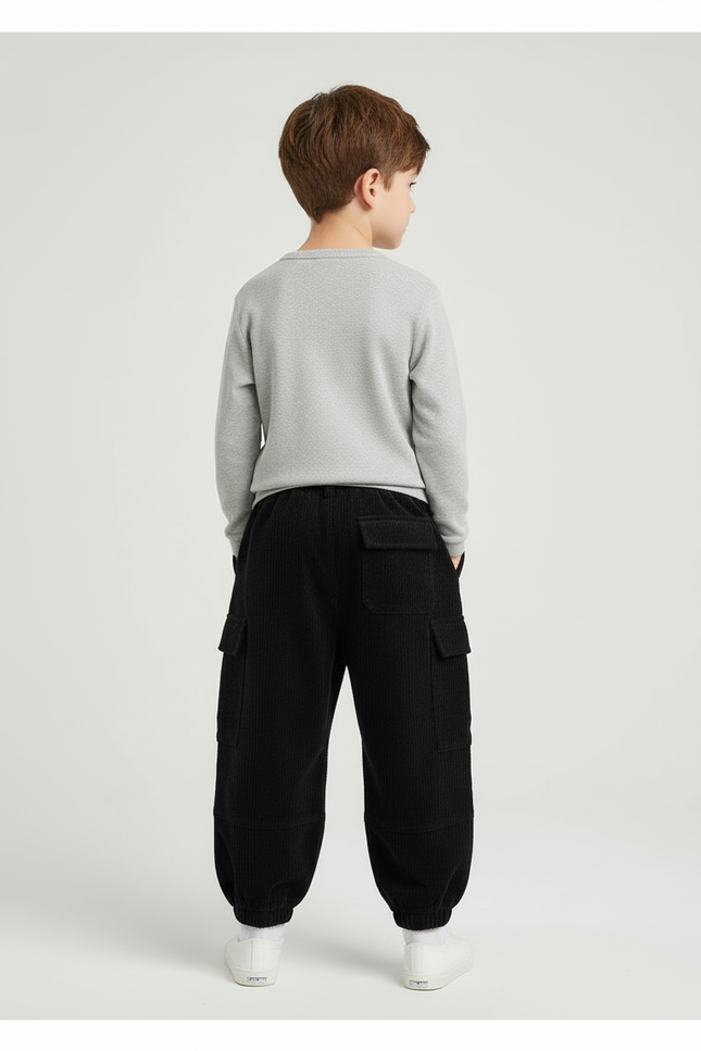 Pantalon Cargo Côtelé Noir Ample Confortable Enfant - Cordé - vue 2