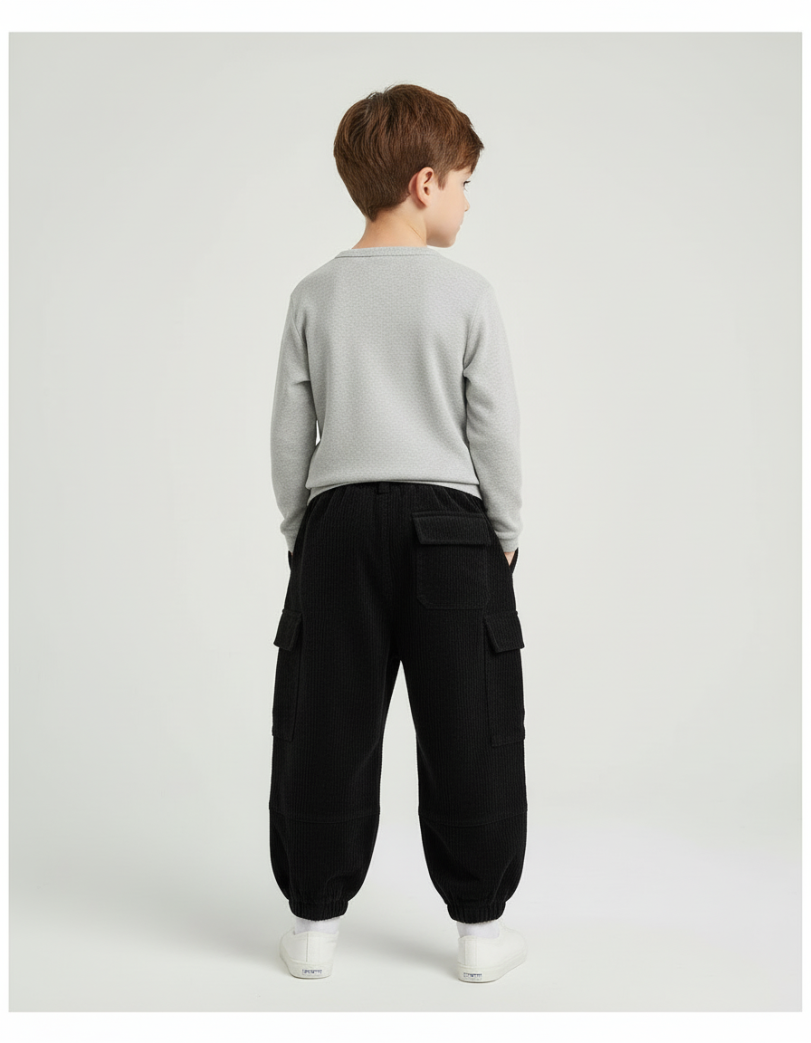 Pantalon Cargo Côtelé Noir Ample Confortable Enfant - Cordé - vue 2