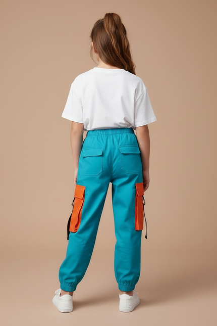 Pantalon Cargo Enfant Turquoise Orange Ample Coton - Multicolore - vue 2