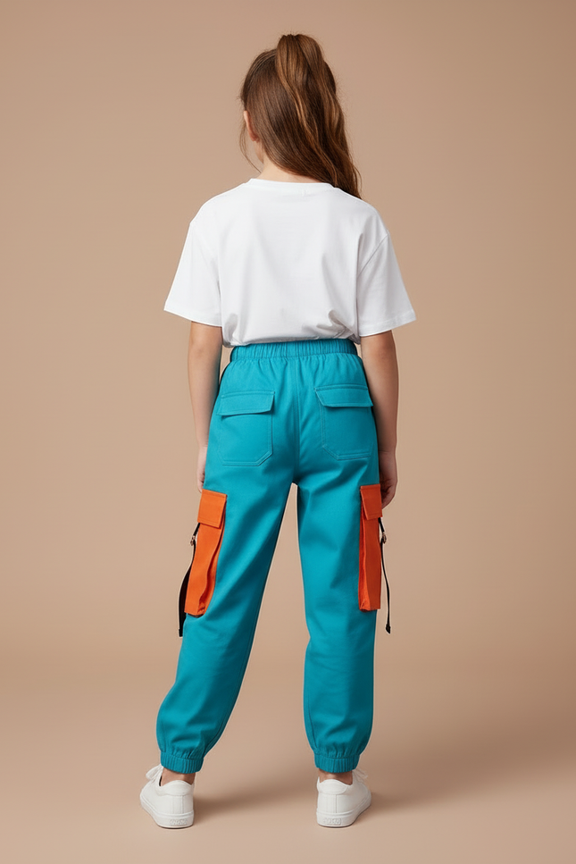 Pantalon Cargo Enfant Turquoise Orange Ample Coton - Multicolore - vue 2