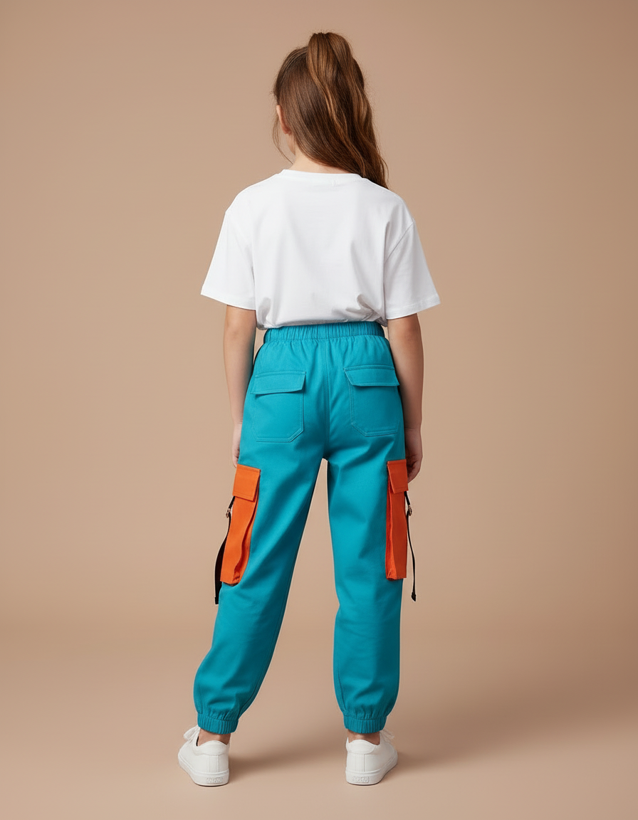 Pantalon Cargo Enfant Turquoise Orange Ample Coton - Multicolore - vue 2