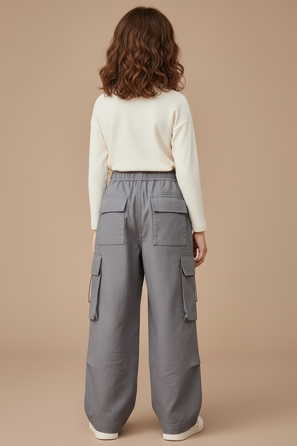 Pantalon Cargo Gris Ample Décontracté Multipoches Fille - Toile - vue 2