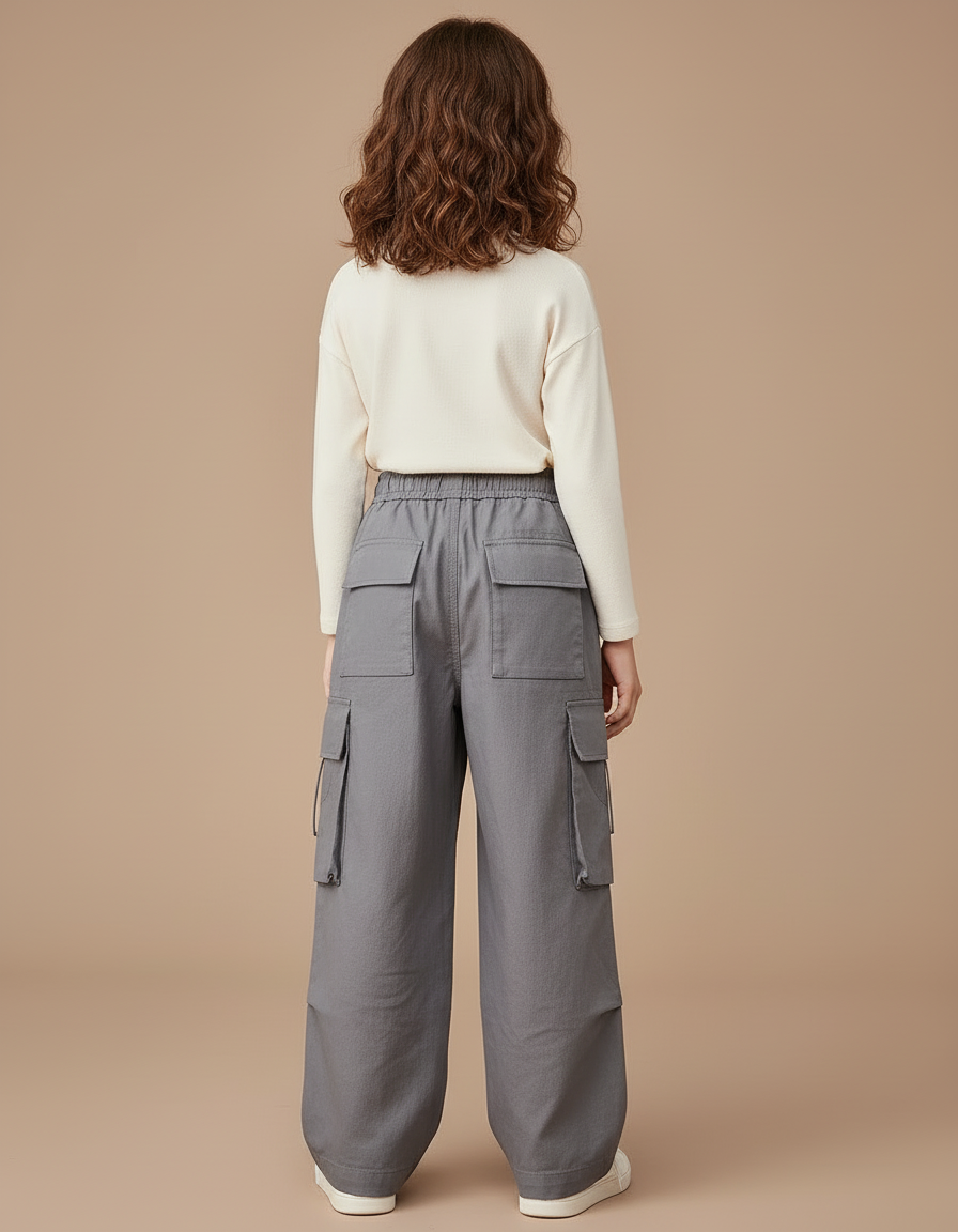 Pantalon Cargo Gris Ample Décontracté Multipoches Fille - Toile - vue 2