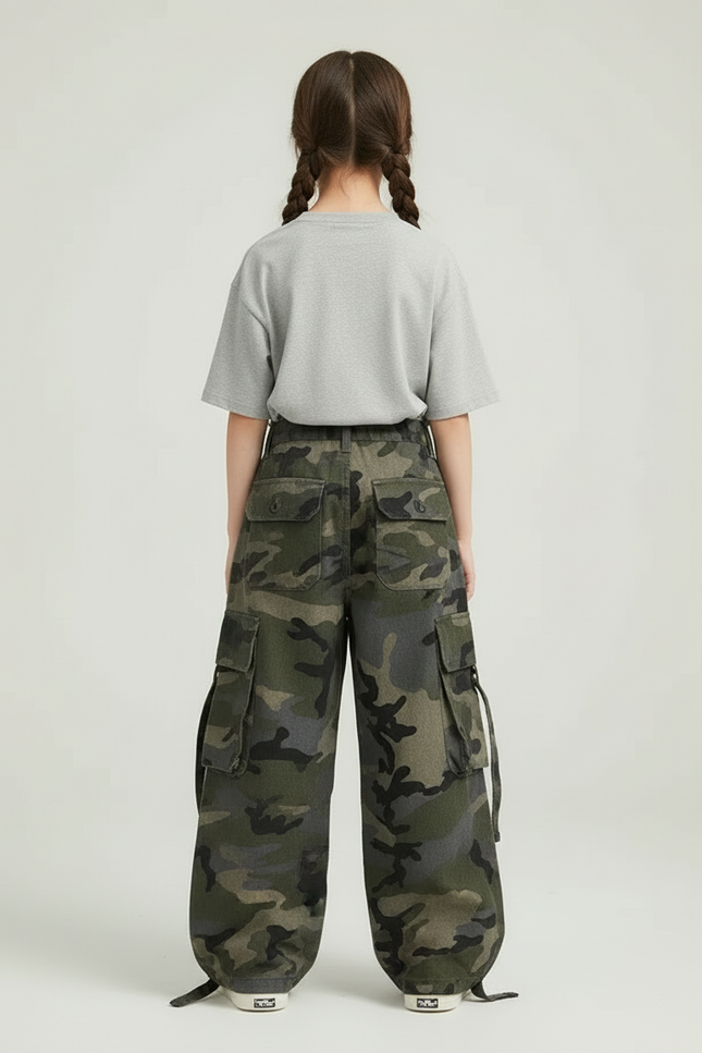 Pantalon Cargo Camouflage Ample Multipoches Enfant Fille - Imprimé Toile - vue 2