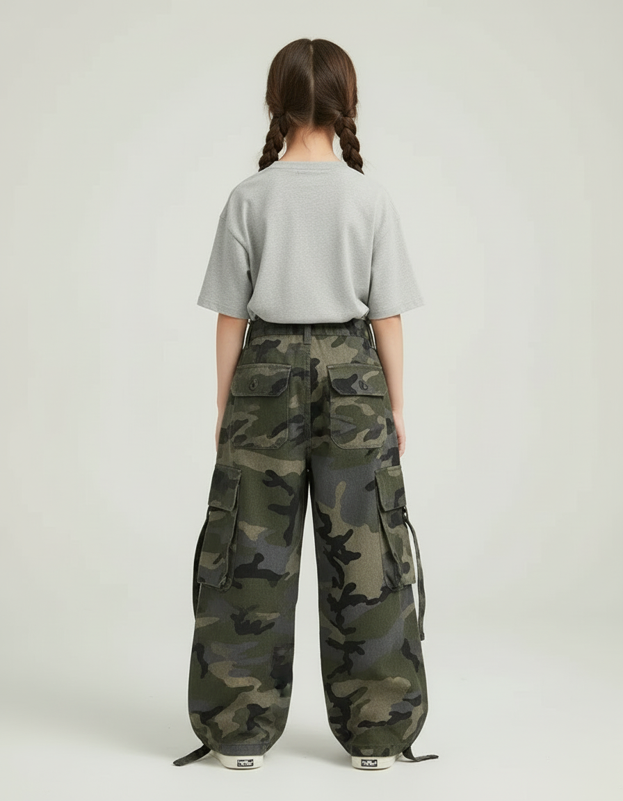 Pantalon Cargo Camouflage Ample Multipoches Enfant Fille - Imprimé Toile - vue 2