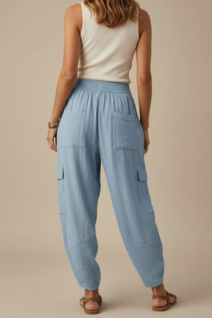 Pantalon Cargo Bleu Lin Ample Femme Décontracté - vue 2