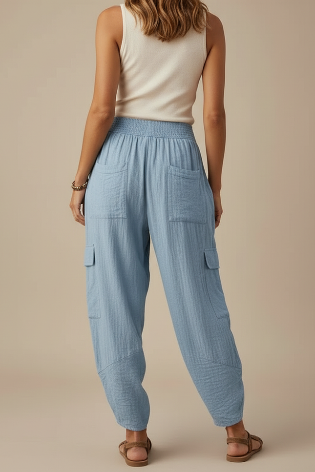 Pantalon Cargo Bleu Lin Ample Femme Décontracté - vue 2