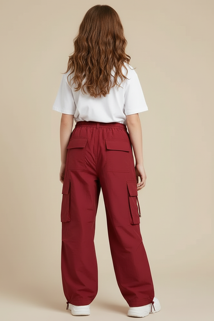 Pantalon Cargo Fille Ample Rouge Bordeau Poches - Bordeaux Polyester - vue 2