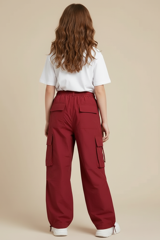 Pantalon Cargo Fille Ample Rouge Bordeau Poches - Bordeaux Polyester - vue 2