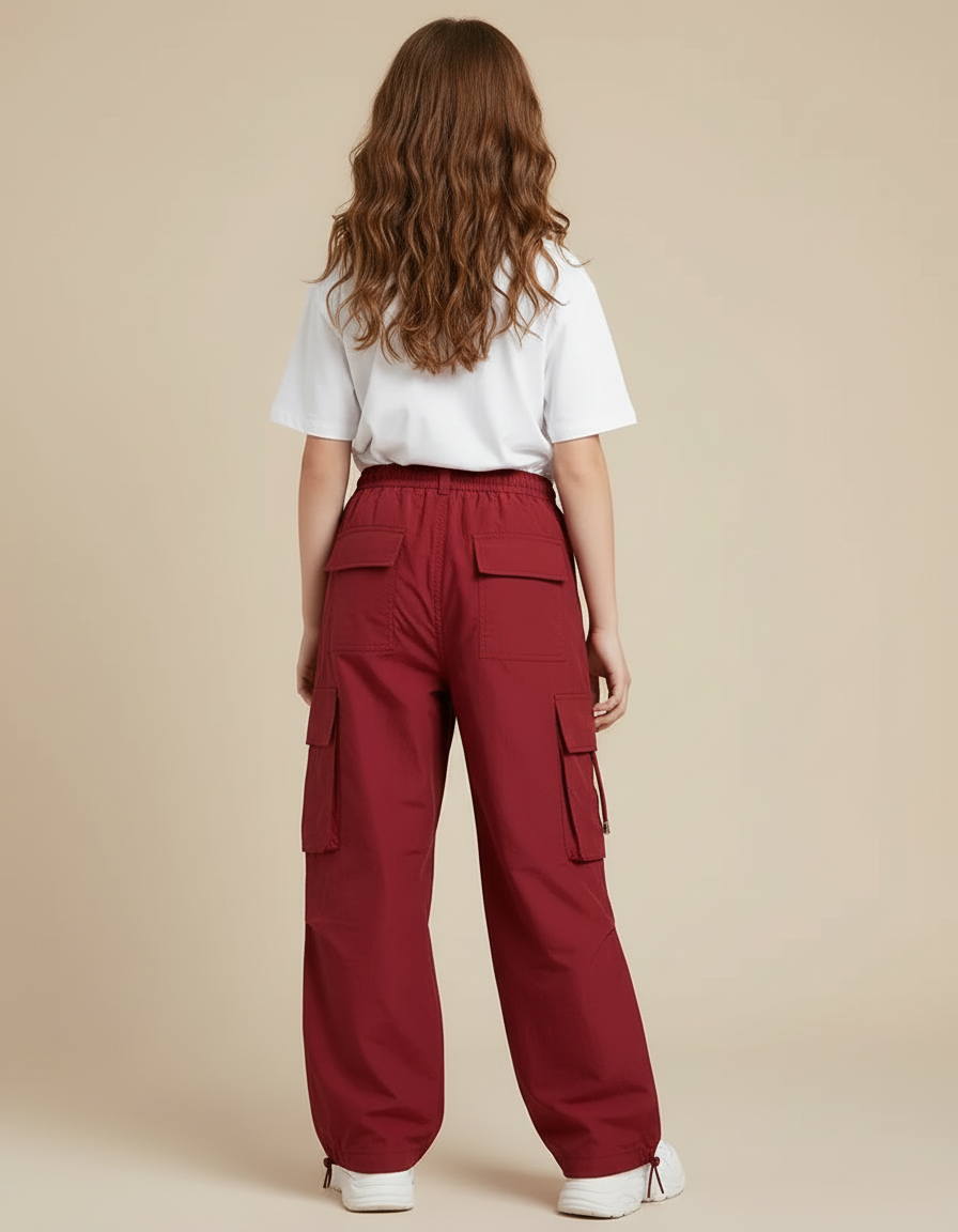 Pantalon Cargo Fille Ample Rouge Bordeau Poches - Bordeaux Polyester - vue 2