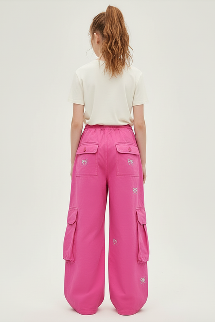 Pantalon Cargo Rose Ample Brodé Multipoches Enfant - Toile - vue 2