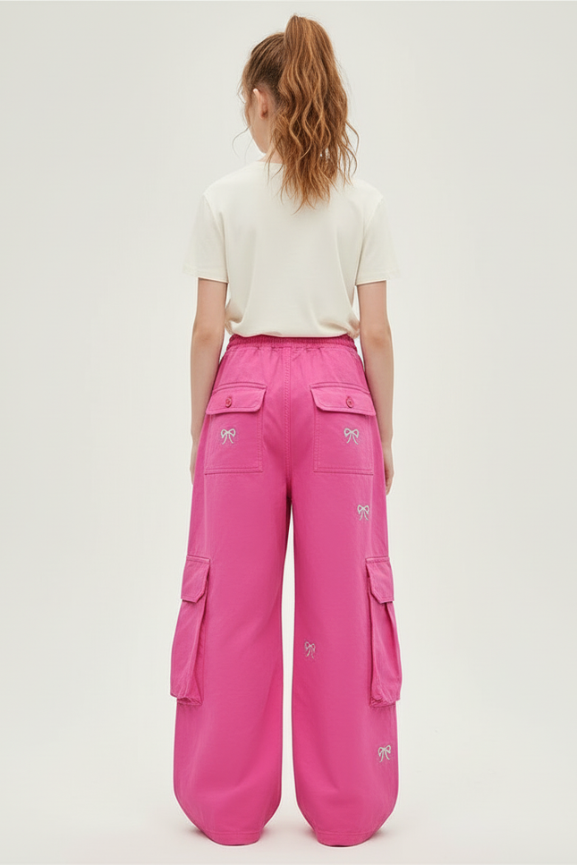 Pantalon Cargo Rose Ample Brodé Multipoches Enfant - Toile - vue 2