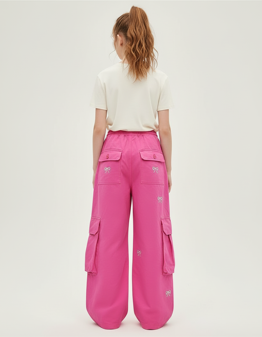Pantalon Cargo Rose Ample Brodé Multipoches Enfant - Toile - vue 2