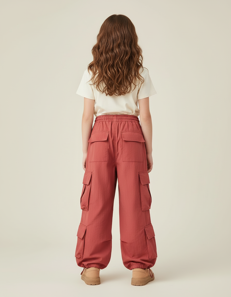 Pantalon Cargo Rouge Ample Multipoches Enfant Décontracté - Polyester - vue 2