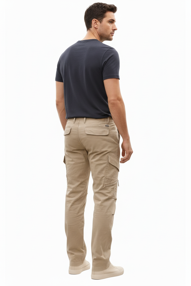 Pantalon Cargo Beige Coton Multipoches Zippées Décontracté Homme - vue 2