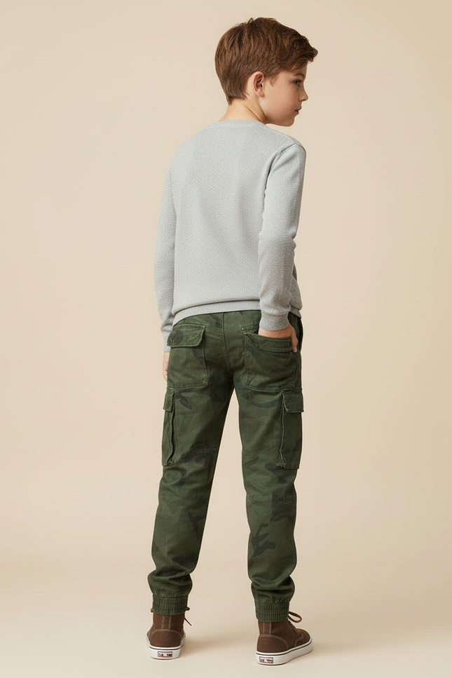 Pantalon Cargo Camouflage Vert Garçon Jogger Multipoches - Toile - vue 2