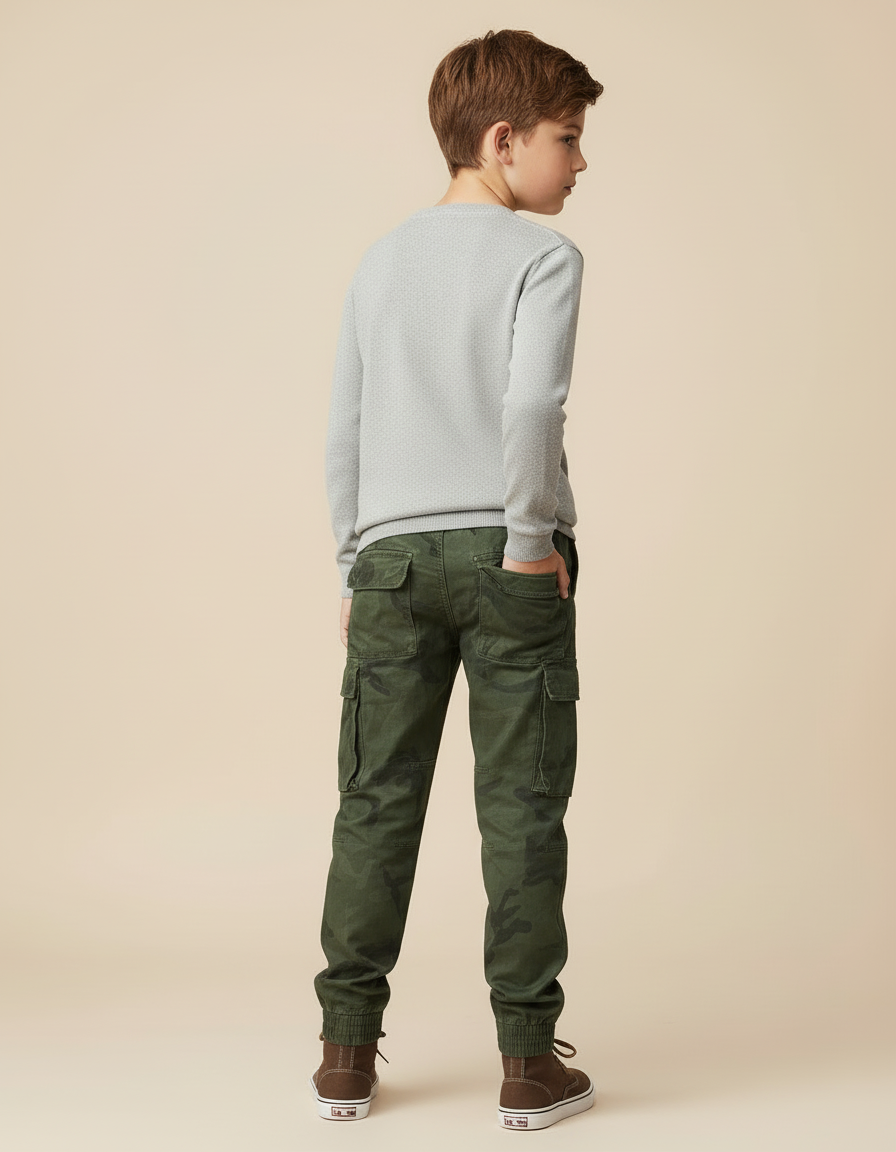 Pantalon Cargo Camouflage Vert Garçon Jogger Multipoches - Toile - vue 2