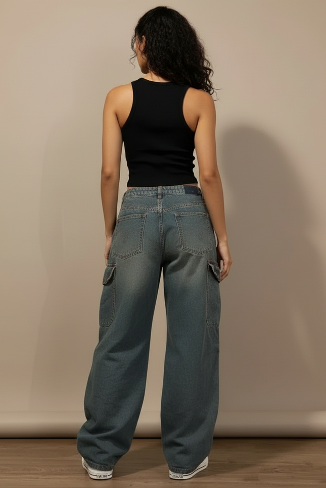 Pantalon Cargo Baggy Denim Vintage Multipoches Femme - Bleu Jean - vue 2