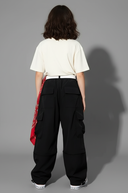 Pantalon Cargo Noir Avec Ceinture - Polyester - vue 2