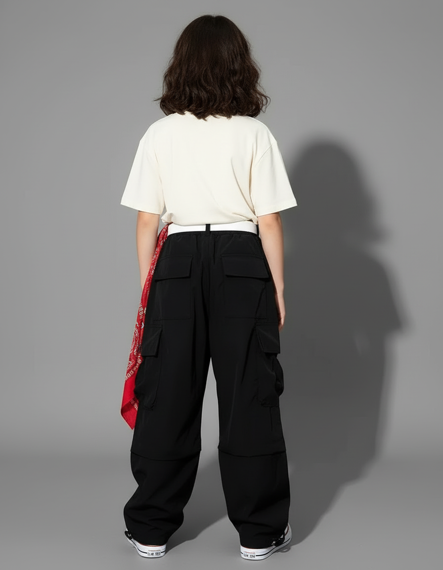 Pantalon Cargo Noir Avec Ceinture - Polyester - vue 2