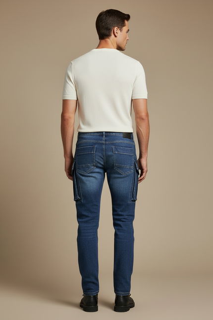 Pantalon Cargo Denim Bleu Slim Multipoches Homme - Jean - vue 2